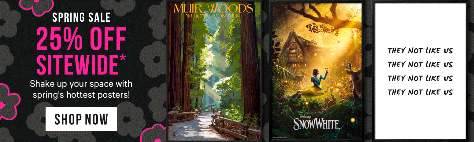 Spring Sale! 25% off Banner featuring a variety of poster designs